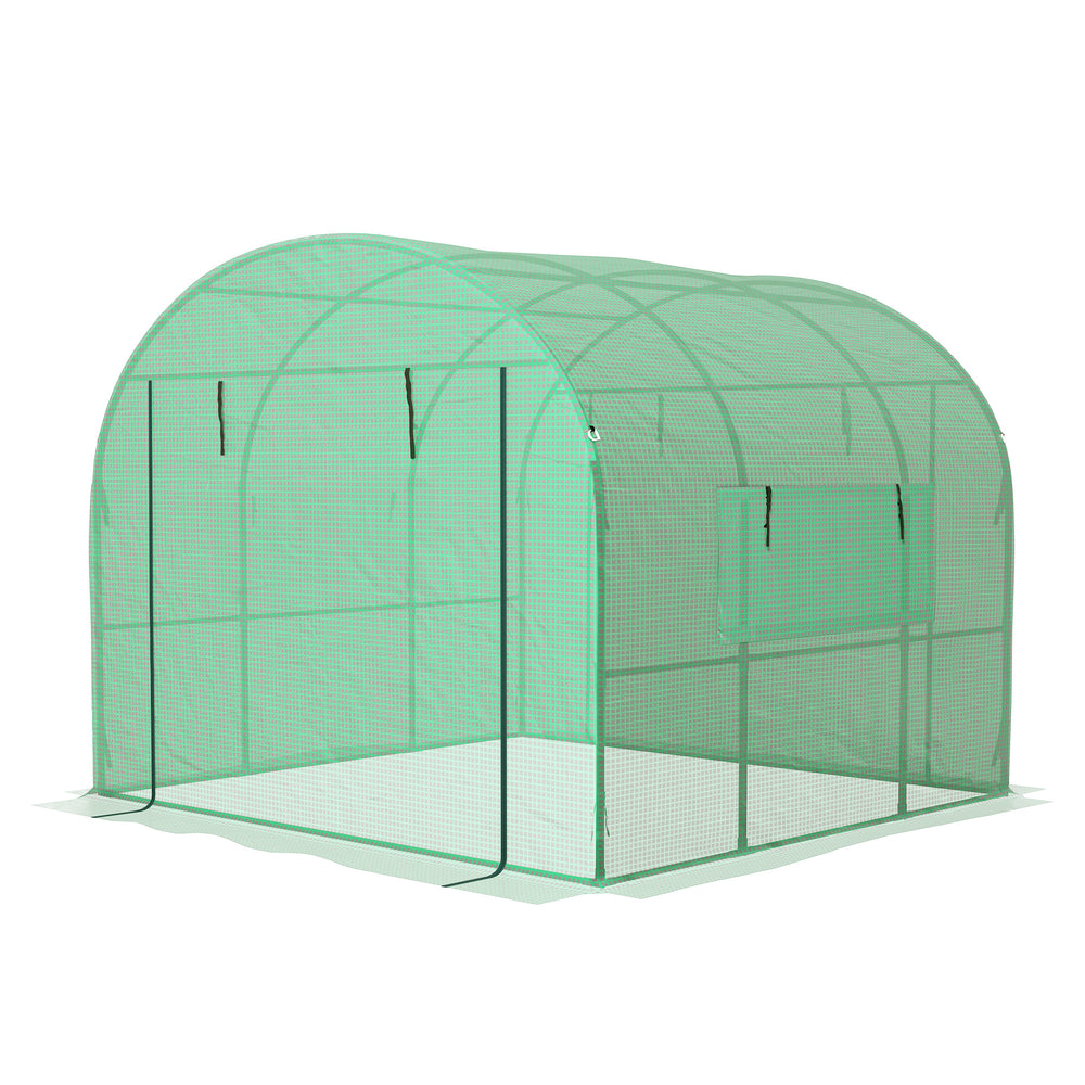 Serre de jardin serre tunnel de jardin 6m² PE Haute densité 135 g/m², avec 2 portes zippées enroulables 2 fenêtres en maille, pour toutes saisons, 300 x 300 x 200 cm, vert