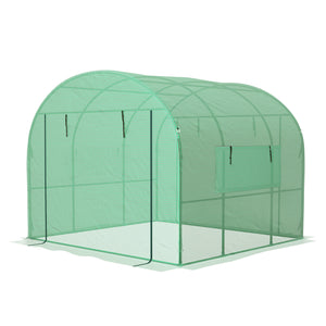 Serre de jardin serre tunnel de jardin 6m² PE Haute densité 135 g/m², avec 2 portes zippées enroulables 2 fenêtres en maille, pour toutes saisons, 300 x 300 x 200 cm, vert