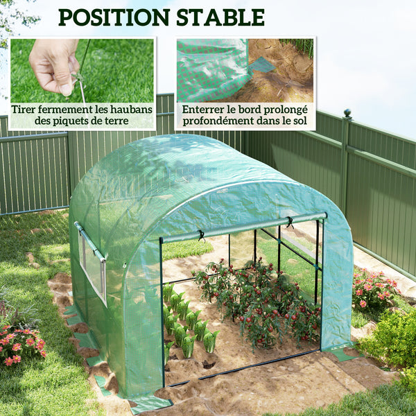 Serre de jardin serre tunnel de jardin 6m² PE Haute densité 135 g/m², avec 2 portes zippées enroulables 2 fenêtres en maille, pour toutes saisons, 300 x 300 x 200 cm, vert