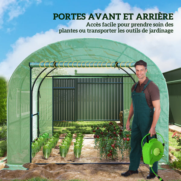 Serre de jardin serre tunnel de jardin 6m² PE Haute densité 135 g/m², avec 2 portes zippées enroulables 2 fenêtres en maille, pour toutes saisons, 300 x 300 x 200 cm, vert