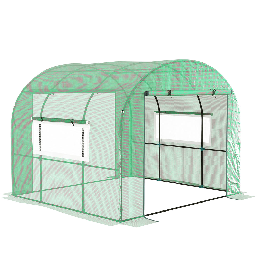 Serre de jardin serre tunnel de jardin 6m² PE Haute densité 135 g/m², avec 2 portes zippées enroulables 2 fenêtres en maille, pour toutes saisons, 300 x 300 x 200 cm, vert