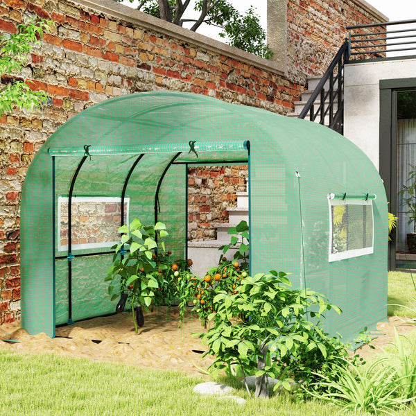 Serre de jardin serre tunnel de jardin 6m² PE Haute densité 135 g/m², avec 2 portes zippées enroulables 2 fenêtres en maille, pour toutes saisons, 300 x 300 x 200 cm, vert