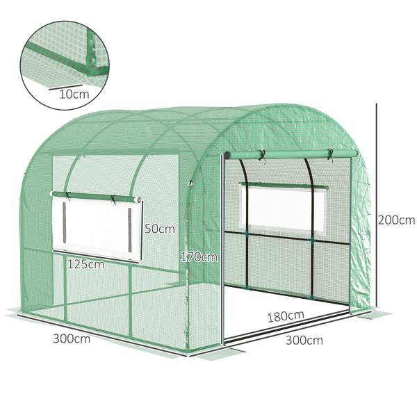 Serre de jardin serre tunnel de jardin 6m² PE Haute densité 135 g/m², avec 2 portes zippées enroulables 2 fenêtres en maille, pour toutes saisons, 300 x 300 x 200 cm, vert