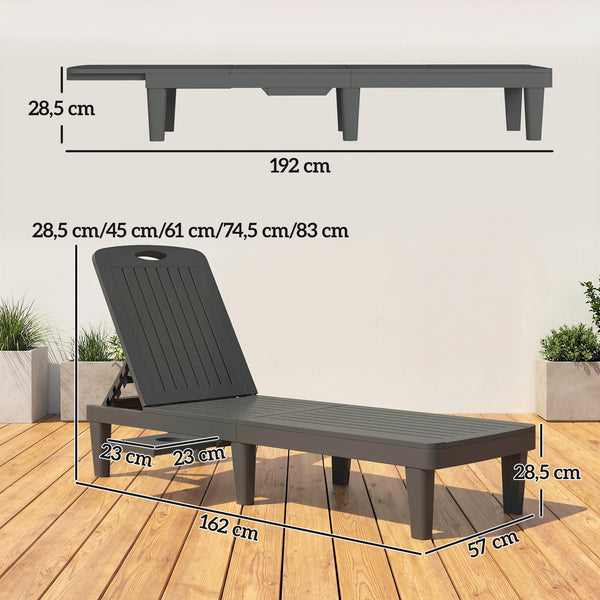 Lot de 2 chaises longues de jardin, en plastique PP avec plateau latéral, inclinables à 5 positions, tout temps, pour terrasse, piscine, jardin, plage, gris