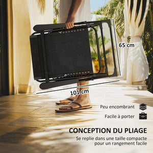 Lot de 2 bain de soleil, chaise longue pliante avec appuie-tête en textilène, transat jardin extérieur inclinable de plage camping piscine terrasse, 90 x 65 x 112 cm, noir