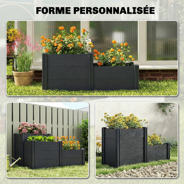 Jardinière surélevée, lit de jardin à 3 niveaux avec fond ouvert, carré potager de jardin pour fleurs, herbes, légumes, 120 x 80 x 64 cm, effet bois gris
