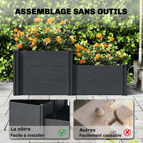 Jardinière surélevée, lit de jardin à 3 niveaux avec fond ouvert, carré potager de jardin pour fleurs, herbes, légumes, 120 x 80 x 64 cm, effet bois gris