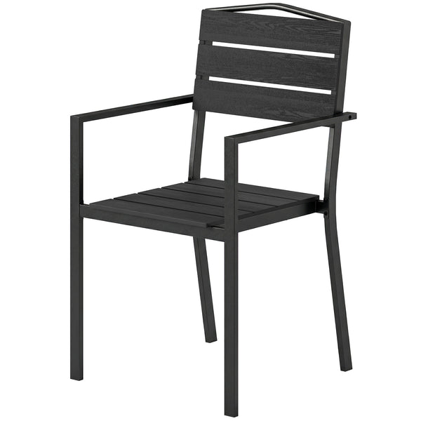 - Ensemble de 4 chaises de jardin empilables, avec assise et dossier en HDPE à lattes, accoudoirs et structure en métal, pour terrasse ou balcon, noir