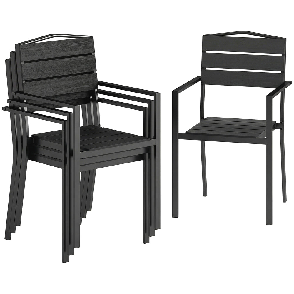 - Ensemble de 4 chaises de jardin empilables, avec assise et dossier en HDPE à lattes, accoudoirs et structure en métal, pour terrasse ou balcon, noir