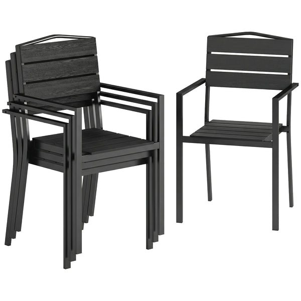- Ensemble de 4 chaises de jardin empilables, avec assise et dossier en HDPE à lattes, accoudoirs et structure en métal, pour terrasse ou balcon, noir