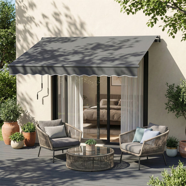 Store banne manuel 3,5x3m, auvent rétractable inclinaison réglable, manivelle, aluminium et polyester 280 g/m² protection UV résistance à l'eau, pour patio, balcon, terrasse, gris foncé