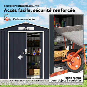 Abri de jardin en métal 2,77 m² cabane de jardin 213 x 130 x 185 cm cabanon rangement outils avec fondation, porte coulissante verrouillables et 4 aérations - gris foncé
