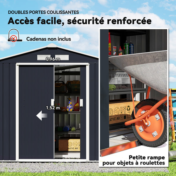 Abri de jardin en métal 2,77 m² cabane de jardin 213 x 130 x 185 cm cabanon rangement outils avec fondation, porte coulissante verrouillables et 4 aérations - gris foncé