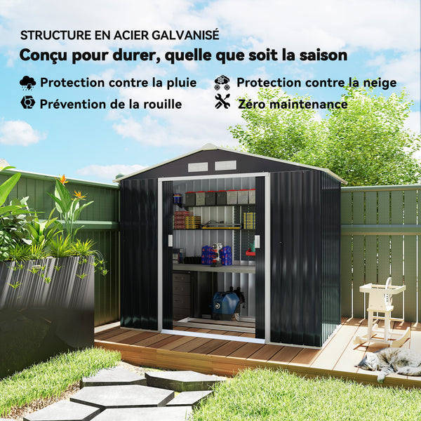Abri de jardin en métal 2,77 m² cabane de jardin 213 x 130 x 185 cm cabanon rangement outils avec fondation, porte coulissante verrouillables et 4 aérations - gris foncé