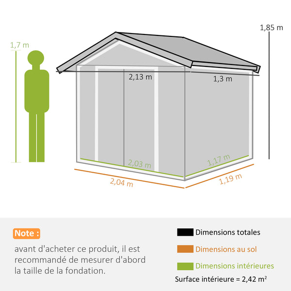 Abri de jardin en métal 2,77 m² cabane de jardin 213 x 130 x 185 cm cabanon rangement outils avec fondation, porte coulissante verrouillables et 4 aérations - gris foncé