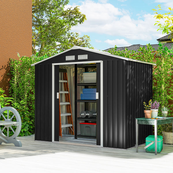 Abri de jardin en métal 2,77 m² cabane de jardin 213 x 130 x 185 cm cabanon rangement outils avec fondation, porte coulissante verrouillables et 4 aérations - gris foncé