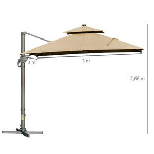 Parasol déporté LED carré double toit inclinable pivotant 360° manivelle piètement acier dim. 3L x 3l x 2,66H m beige
