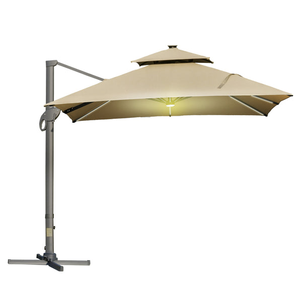 Parasol déporté LED carré double toit inclinable pivotant 360° manivelle piètement acier dim. 3L x 3l x 2,66H m beige
