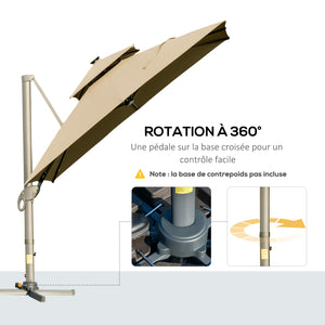 Parasol déporté LED carré double toit inclinable pivotant 360° manivelle piètement acier dim. 3L x 3l x 2,66H m beige
