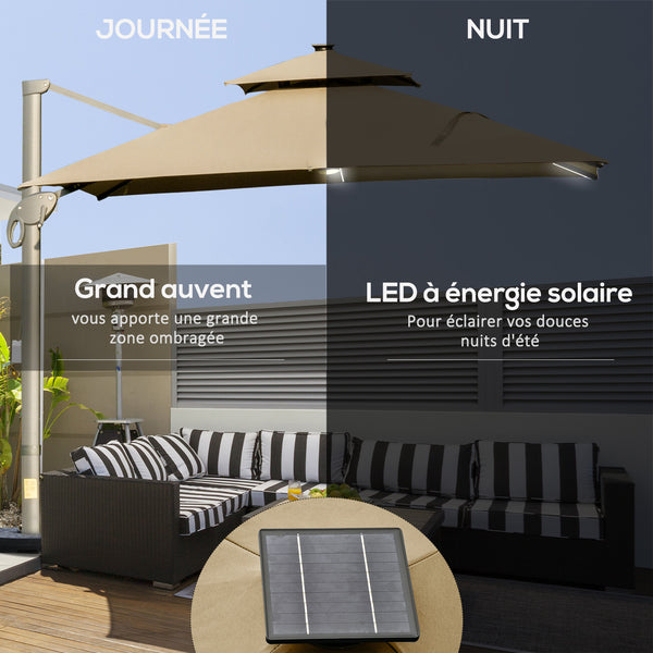 Parasol déporté LED carré double toit inclinable pivotant 360° manivelle piètement acier dim. 3L x 3l x 2,66H m beige
