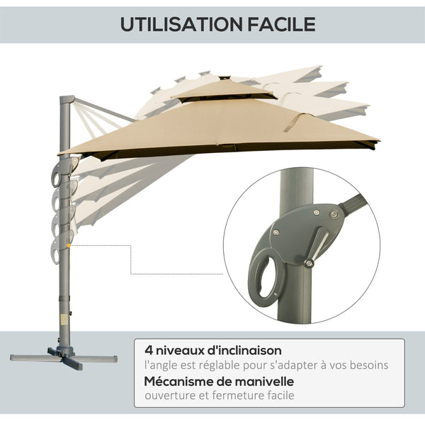 Parasol déporté LED carré double toit inclinable pivotant 360° manivelle piètement acier dim. 3L x 3l x 2,66H m beige