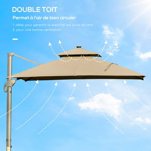 Parasol déporté LED carré double toit inclinable pivotant 360° manivelle piètement acier dim. 3L x 3l x 2,66H m beige