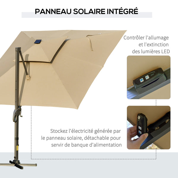 Parasol déporté LED carré double toit inclinable pivotant 360° manivelle piètement acier dim. 3L x 3l x 2,66H m beige