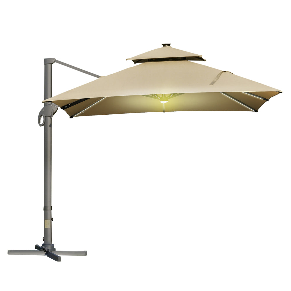 Parasol déporté LED carré double toit inclinable pivotant 360° manivelle piètement acier dim. 3L x 3l x 2,66H m beige