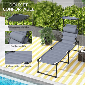 Lot de 2 Bains de soleil transats pliables grand confort dossier pare-soleil réglables multi-positions, crème