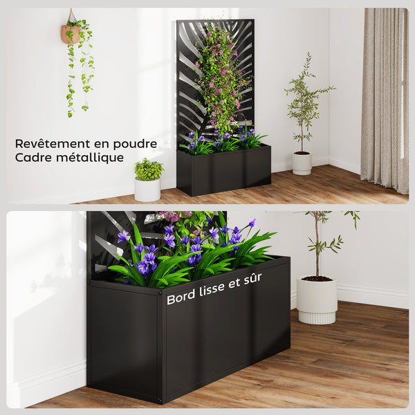 Jardinière avec treillis, bac à fleurs, lit surélevé avec brise-vue, pour plantes grimpantes, légumes, fleurs, métal, pour cour, jardin, balcon, 61 x 23 x 113 cm, noir