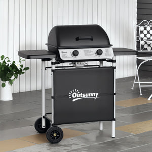 Barbecue gaz 2 brûleurs en acier inoxydable, puissance 2,8 kW, barbecue de jardin 2 grilles en chromé, 2 étagères latérales, 2 roues, pour camping, balcon et terrasse, noir