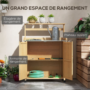 Table de rempotage table de jardinage style rustique avec placard et étagères et plateau galvanisé patins antidérapants en bois sapin pré-huilé dim. 90,5L x 41l x 124,5H cm jaune