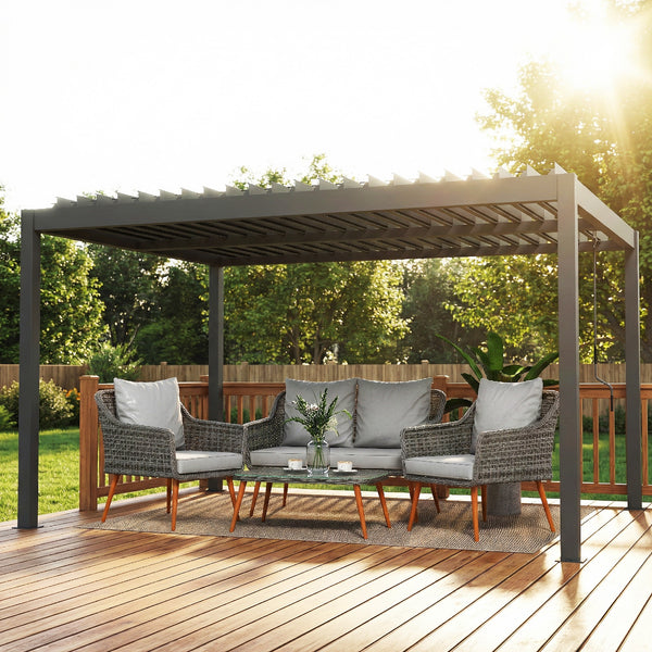 Pergola bioclimatique 4x3m, pergola aluminium, lames orientables, manivelle, système de drainage, tonnelle de jardin abri terrasse, résistante vent, protection soleil, imperméable, gris foncé