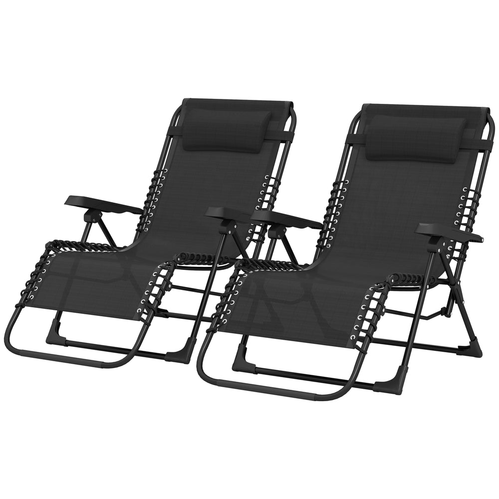 Lot de 2 bain de soleil, chaise longue pliante avec appuie-tête en textilène, transat jardin extérieur inclinable de plage camping piscine terrasse, 90 x 65 x 112 cm, noir