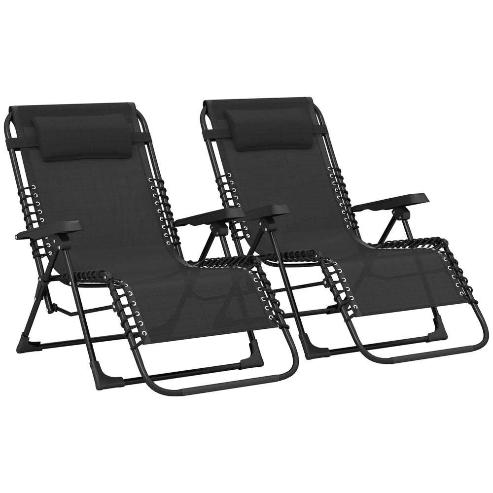 Lot de 2 bain de soleil, chaise longue pliante avec appuie-tête en textilène, transat jardin extérieur inclinable de plage camping piscine terrasse, 90 x 65 x 112 cm, noir