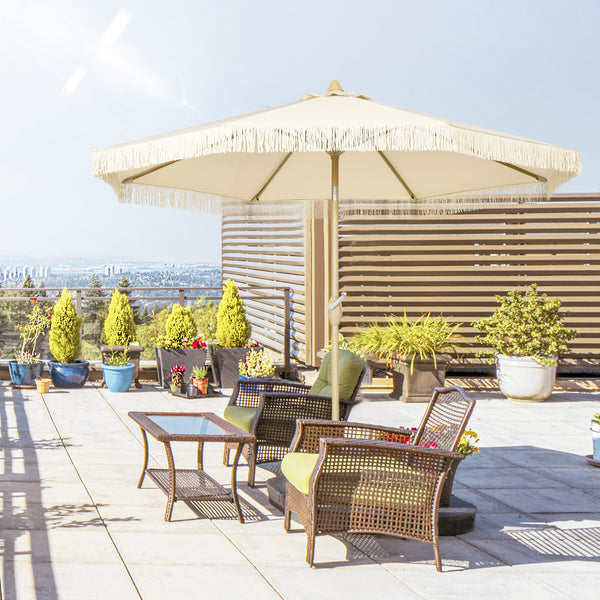 Parasol droit de jardin inclinable parasol avec manivelle à franges mât en métal style bohème 8 baleines Ø 265 x 244 cm crème