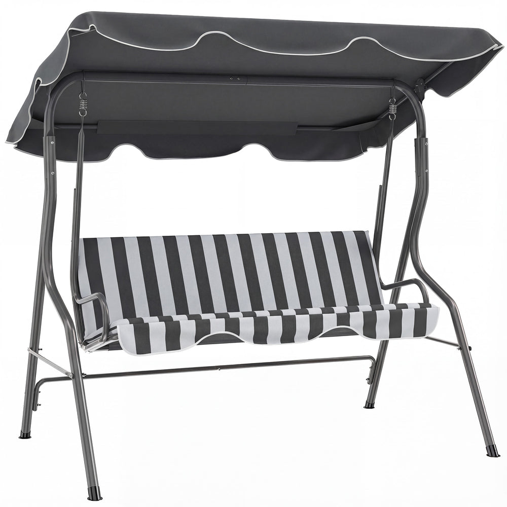 Balancelle de Jardin 3 Places Toit imperméabilisé Inclinaison réglable Coussins Assise Dossier 1,7L x 1,1l x 1,53H m Acier Polyester gris blanc rayé