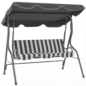Balancelle de Jardin 3 Places Toit imperméabilisé Inclinaison réglable Coussins Assise Dossier 1,7L x 1,1l x 1,53H m Acier Polyester gris blanc rayé