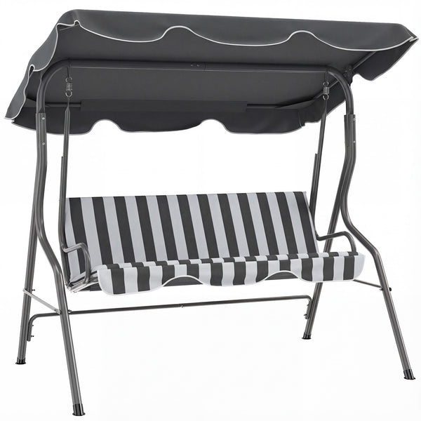 Balancelle de Jardin 3 Places Toit imperméabilisé Inclinaison réglable Coussins Assise Dossier 1,7L x 1,1l x 1,53H m Acier Polyester gris blanc rayé