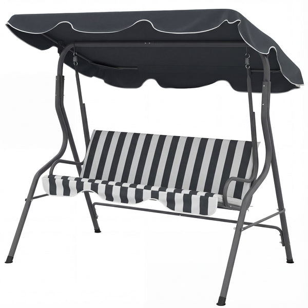 Balancelle de Jardin 3 Places Toit imperméabilisé Inclinaison réglable Coussins Assise Dossier 1,7L x 1,1l x 1,53H m Acier Polyester gris blanc rayé