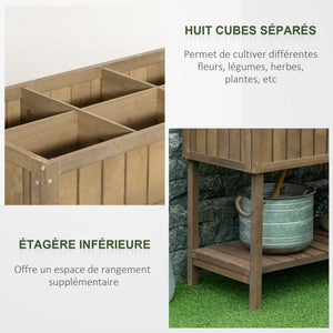 Jardinière sur Pieds carré Potager avec étagère dim. 110L x 46l x 76H cm 8 Compartiments & Inserts d'irrigation Bois de Sapin