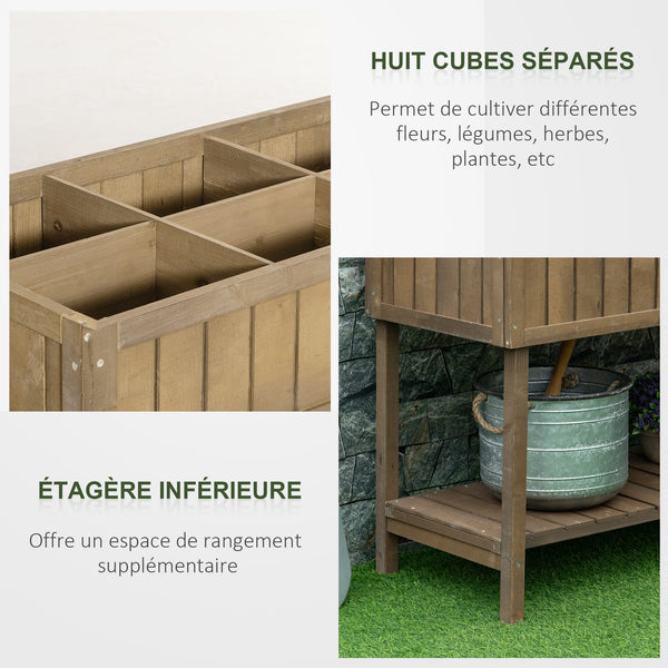 Jardinière sur Pieds carré Potager avec étagère dim. 110L x 46l x 76H cm 8 Compartiments & Inserts d'irrigation Bois de Sapin