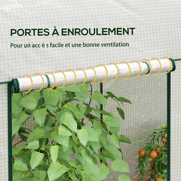 Serre de jardin PE, serre de balcon, bâche renforcée 140 g/m², châssis en acier, 2 portes zippées enroulables, pour légumes plantes fleurs, intérieur et extérieur, 200 x 100 x 178 cm, blanc
