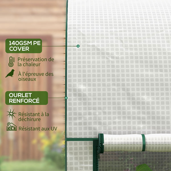 Serre de jardin PE, serre de balcon, bâche renforcée 140 g/m², châssis en acier, 2 portes zippées enroulables, pour légumes plantes fleurs, intérieur et extérieur, 200 x 100 x 178 cm, blanc