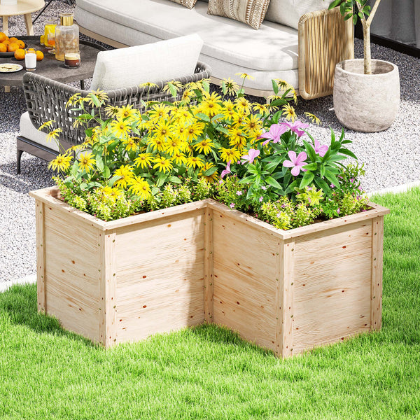Jardinière en forme de L, lit surélevé de jardin, jardinière extérieure à fond ouvert, bac à fleurs en bois pour terrasse patio, 120 x 120 x 62 cm, bois naturel