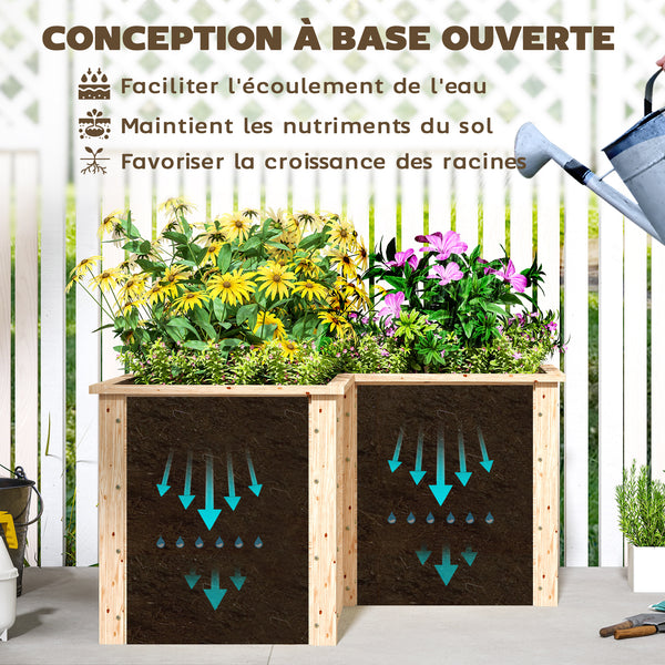 Jardinière en forme de L, lit surélevé de jardin, jardinière extérieure à fond ouvert, bac à fleurs en bois pour terrasse patio, 120 x 120 x 62 cm, bois naturel