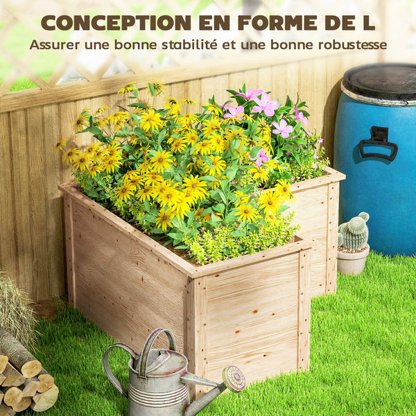 Jardinière en forme de L, lit surélevé de jardin, jardinière extérieure à fond ouvert, bac à fleurs en bois pour terrasse patio, 120 x 120 x 62 cm, bois naturel