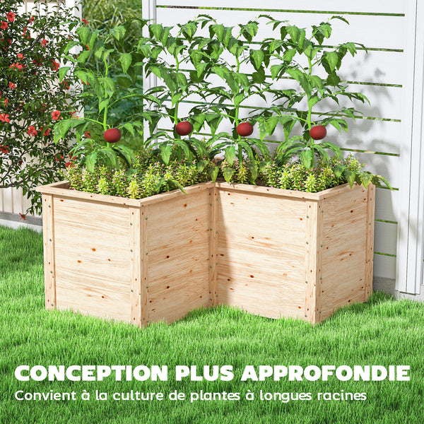 Jardinière en forme de L, lit surélevé de jardin, jardinière extérieure à fond ouvert, bac à fleurs en bois pour terrasse patio, 120 x 120 x 62 cm, bois naturel