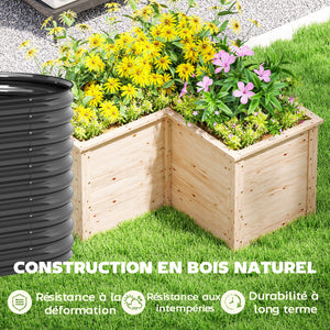 Jardinière en forme de L, lit surélevé de jardin, jardinière extérieure à fond ouvert, bac à fleurs en bois pour terrasse patio, 120 x 120 x 62 cm, bois naturel
