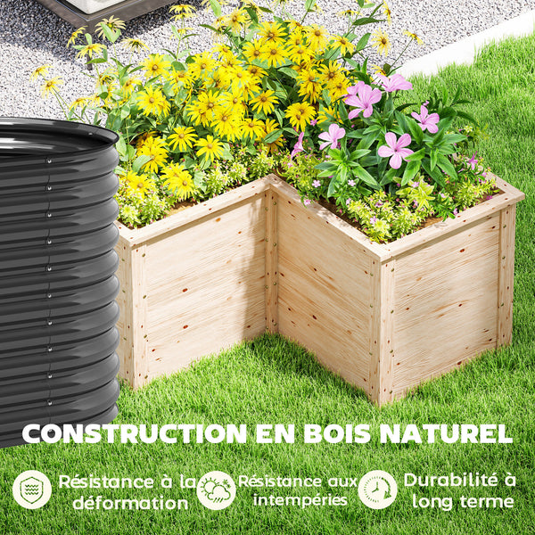 Jardinière en forme de L, lit surélevé de jardin, jardinière extérieure à fond ouvert, bac à fleurs en bois pour terrasse patio, 120 x 120 x 62 cm, bois naturel